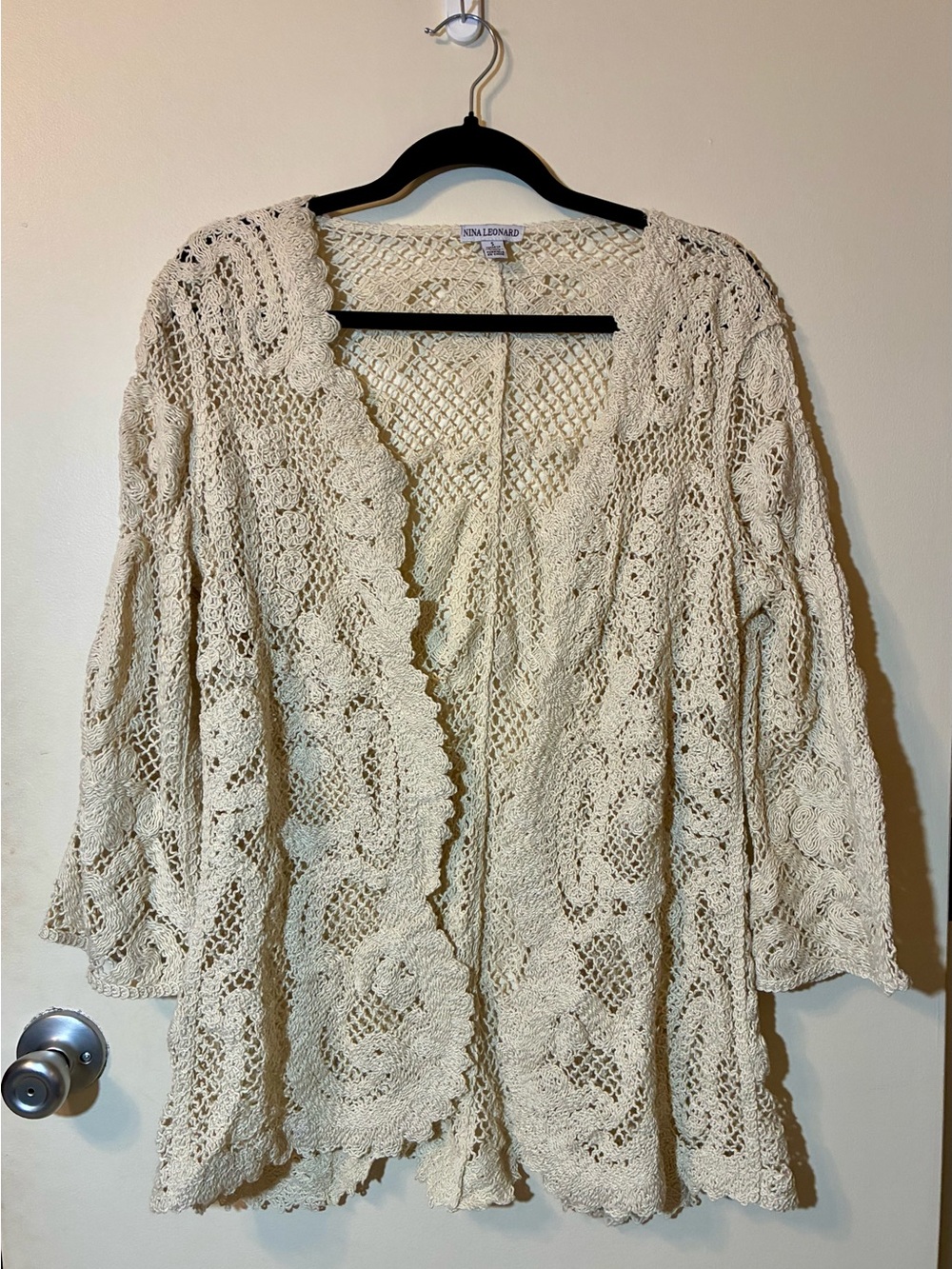 Nina Leonard Scalloped Crochet Open-Front Cardigan Cream Knit Cottagecore Boho S